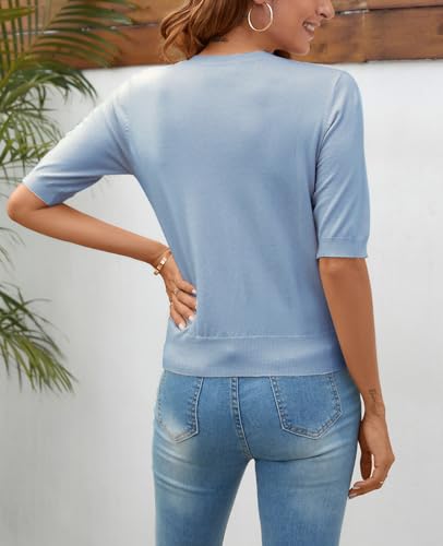 Image of Women Summer Knit Shirt Blouse V Neck Short Sleeve Pullover Sweater Tops