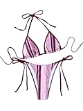 Falainetee Women's Halter Striped Print Bathing Suit Cute High Waist Summer Swimsuit Bikini Set Purple S
