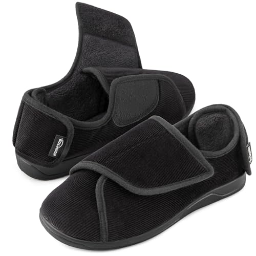 HomeTop Men's Corduroy Slippers Comfy Adjustable Hook and Loop Memory Foam Wide Indoor House Shoes for Diabetic Swollen Feet Black,11 US
