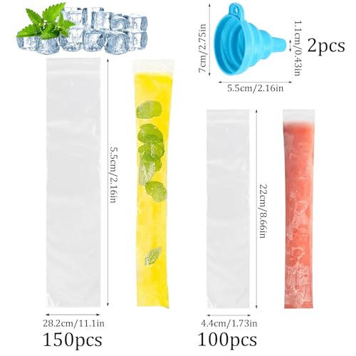 CHENYU 250 Stück Wassereis Tüten BPA-Freie Wassereis Formen mit 2 Trichtern Popsicle Bags für Camping Picknick Kinderpartys Und selbstgemachtes eis Auf Reisen Durchsichtig