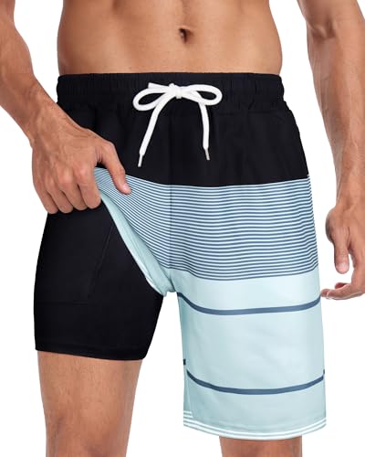 Image of Mens Swim Trunks with Compression Liner 2 in 1 Quick Dry Swimming Shorts Swimwear Bathing Suits with Pockets, 9 inch-Mixed Color,S