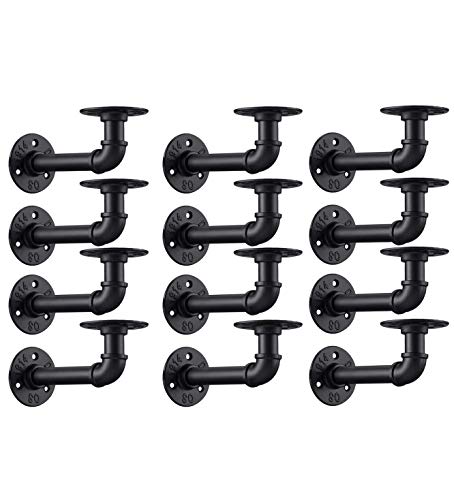Industrial DIY Pipe Shelf Brackets,Vintage Black Iron Wall Mount Pipe Shelving Bracket, Rustic Home Pipe Shelf, 12 Pack