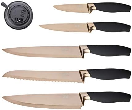 5pc Kitchen Knife Gift Set - Brooklyn Rose Gold Coloured Bolsters, Matching Razor Sharp Titanium Coated Blades. Soft Grip Handles. 2yr Peace of Mind. Extra Sharpener for Knives
