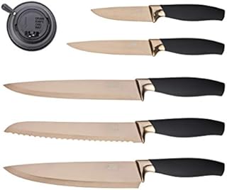 5pc Kitchen Knife Gift Set - Brooklyn Rose Gold Coloured Bolsters, Matching Razor Sharp Titanium Coated Blades. Soft Grip Handles. 2yr Peace of Mind. Extra Sharpener for Knives