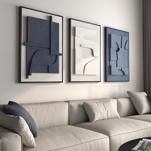 Large 3D Textured Framed Blue and White Abstract Wall Art for Living Room, 3 Piece Modern Artwork...