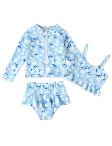 Image of DREAM BUS Toddler Girls Long Sleeve Swimsuit 3 Piece Rashguard Set with Bikini Top Baby Girls Bathing Suit Swimwear