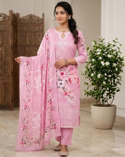 Image of KTI Women Cotton Unstitched Salwar Suit Material with Dupatta Geometric & Floral Printed Dress Material for Daily Wear Casual & Office Wear