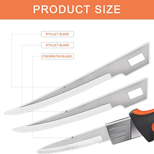Sydzk Fishing Knife,Fishing Filet & Bait Knives, Interchangeable Blade Fillet Knife Set,Includes 6", 8" Rounded Blades With 5" Serrations, Sharpener And Blade Nylon Storage Bag #TOP1