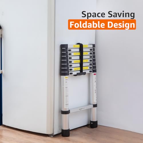 Image of Amazon Basics 2.6m (8.5 feet) Portable & Compact Aluminum Telescopic Ladder | 2-Year Warranty | EN131 Complied 9-Steps Foldable Multipurpose Step Ladder for Home & Outdoor use