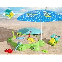 Upgraded Kids Turtle Sandbox with Lid & Adjustable Umbrella, Truck Toy & 8pcs Sand Shovels, Sand Box with Cover, Beach Toys for Toddlers 3-5, Plastic Indoor Outdoor Play Toys Gift for Girls Boys