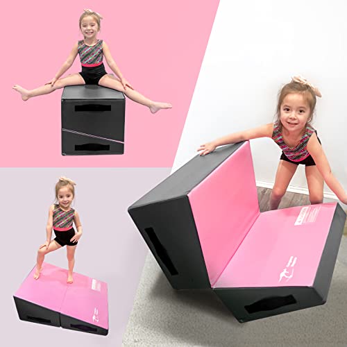 Kangaroo Hoppers Folding Incline Gymnastics Wedge Mat For Kids Tumbling, Skill Training, 56"X28"X15" Cheese Mat For Home Gym Exercise (Hot Pink/Black) #TOP6