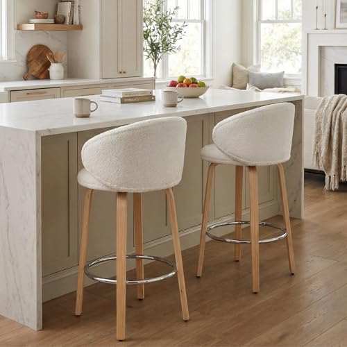 HEAH-YO Butacos Modernos para Isla de Cocina, Juego de 2 Unidades, Altura de Barra (26 pulgadas), Asiento Tapizado en Bouclé y Patas de Madera, Color Blanco miniatura 6
