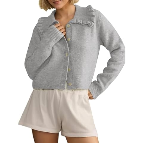 MISSACTIVER Women Ruffle Collar Cropped Cardigan Casual Lapel Button Down Sweaters Long Sleeve Open Front Knit Jacket Grey Cover
