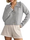 Picture of MISSACTIVER Women Ruffle Collar Cropped Cardigan Casual Lapel Button Down Sweaters Long Sleeve Open Front Knit Jacket Grey