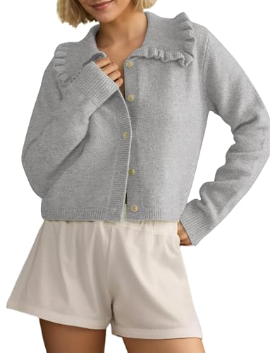MISSACTIVER Women Ruffle Collar Cropped Cardigan Casual Lapel Button Down Sweaters Long Sleeve Open Front Knit Jacket Grey