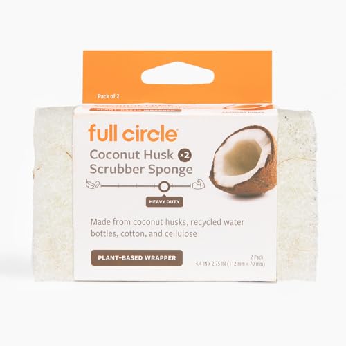 Image of Full Circle Coconut Scrubber Sponges, Pack of 2 - Dual-Sided, Plant-Based Sponges Made with Coconut Shells, Cellulose & Recycled Materials, Safe for Nonstick Cookware