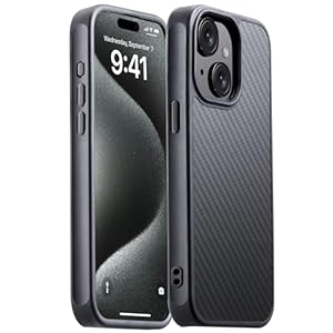 Carbon Fiber for iPhone 15 Case Compatible with MagSafe, Slim & Light Case, Aramid Fiber with Military-Grade Drop Cover, Supports Wireless Charging, Black/Grey(Twill)