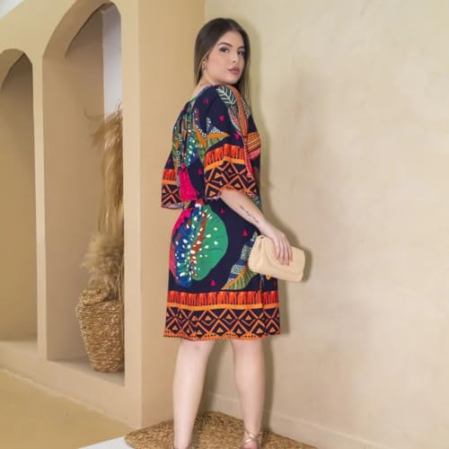 Vestido Azul Marinho Estampado Floral tropical Manga longa Comprimento Curto Tamanho Unico
