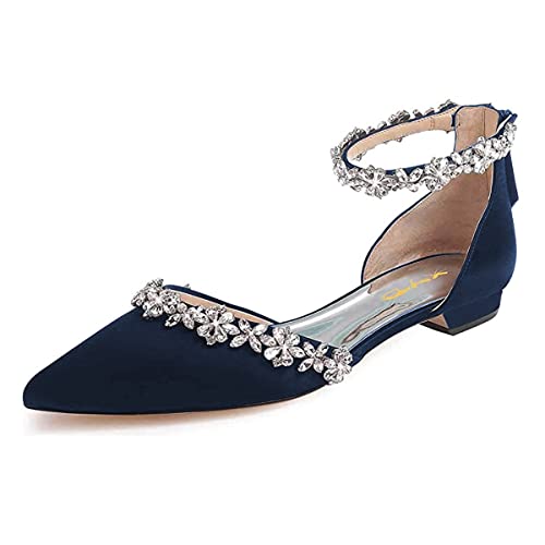 Image of XYD Women Classic Pointed Toe D'Orsay Wedding Flat Sandals Sparkly Rhinestones Ankle Strap Low Heel Dress Shoes with Zipper