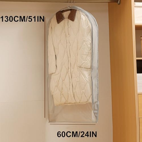 Transparent PEVA Garment Bag for Clothes Storage, Dustproof & Sealed, Ideal for Seasonal Clothing, 60x130cm/24x51in, Durable Hanging Protection, White2