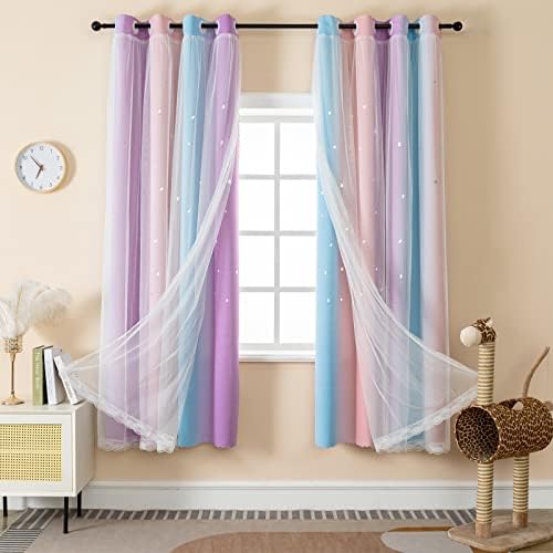 LUGOTAL Curtains for Girls Bedroom Purple and Pink Kids Curtain Star Cutout Rainbow Curtain for Girls Room Decor Window Nursery Curtain 63 inches Long Room Darkening Grommet, 2 Panels, W52 x L63