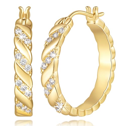 Cossa Gold Hoop Earrings for Women 14K Gold Earrings for Women Trendy Woven Braided Texture and Unique Design Womens Hoop Earring Cubic Zirconia Dainty CZ Earring