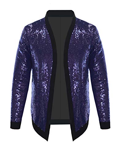 Pacinoble Mens Cardigan All Over Sparkle Sequin Open Front Long Sleeve Jacket with Ribbed Cuffs (Purple, Large)