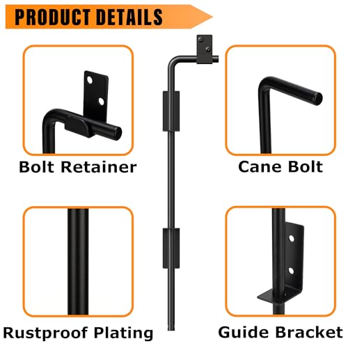 Image of 12 inch Heavy Duty Cane Bolt Gate Drop Rod with Black Finish-Steel Gate Ground Latch Designed for Wood Metal Vinyl Gates or Double Doors Fence Applications-2 Pack