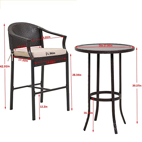 Image of BRISHI Outdoor Bar Set Garden Patio Bar Set 1+2 2Chairs and Table Set Balcony Bar Table with Stool Set (Brown)