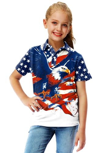 Image of AOBUTE Kids 4th of July Polo American Flag Short Sleeve Button Down Shirts Tops 3-14 Years