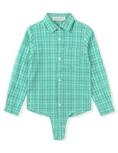 Image of Noomelfish Girls Long Sleeve Plaid Button Down Shirt Tie Front Blouse Tops, Light Green Plaid, Size 9-10 Years