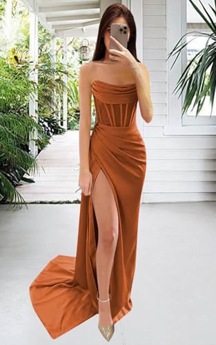 Strapless Prom Dresses Long Silk Mermaid Ruched Satin Bridesmaid Dress Corset Formal Evening Party Dress with Slit2