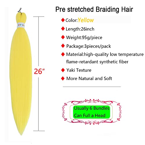 Newluyang Yellow Pre Stretched Braiding Hair,100% Kanekalon Synthetic Top Silky Color Blend Synthetic Fiber Easy Braid Hair Extensions,26Inch 3Packs Yaki Texture Crochet Hair Braids（Yellow) #TOP1