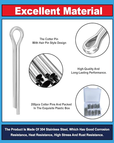Image of 200 Pcs Cotter Pins Assortment Kit - 6 Size 304 Cotter Pins Stainless Pins Set Used for Automotive, Trailer Hitch,Lawn Mower