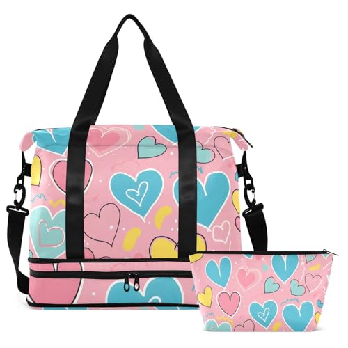 ALAZA Sports Duffel Bags with Toiletry Bag Set,Love Heart Pattern Travel Duffel Bags Multi Pockets Weekend Bag