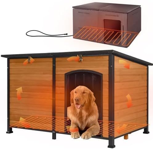 GUTINNEEN 59" Extra Large Heated Outdoor Dog House for Large Dogs Insulated, Thermostat-Controlled Heating with Full 6-Sided Insulation, Metal Frame, Spacious, Cozy, and Safe Winter Shelter (Brown)