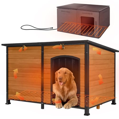 GUTINNEEN 59' Extra Large Heated Outdoor Dog House for Large Dogs Insulated, Thermostat-Controlled Heating with Full 6-Sided Insulation, Metal Frame, Spacious, Cozy, and Safe Winter Shelter (Brown)