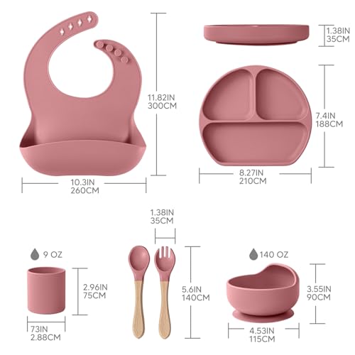 Willbetter 6-Piece Silicone Baby Feeding Set for BLW | Strong Suction Divided Plate & Bowl, Easy Grip Utensils with Spoon,Bib,Cup|Food Grade BPA-Free, Dishwasher Safe | 6+ Months Toddler Essentials