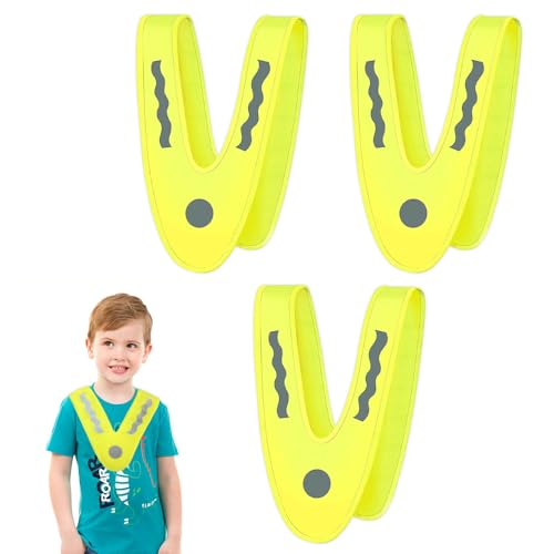 BNGXR Giubbotto Riflettente per Bambini, 3 Pezzi Gilets sécurité pour Enfants, Gilet Catarifrangente Giallo ad Alta visibilità Gilet Riflettente di Sicurezza Traspirante con Scollo a V 33x37cm