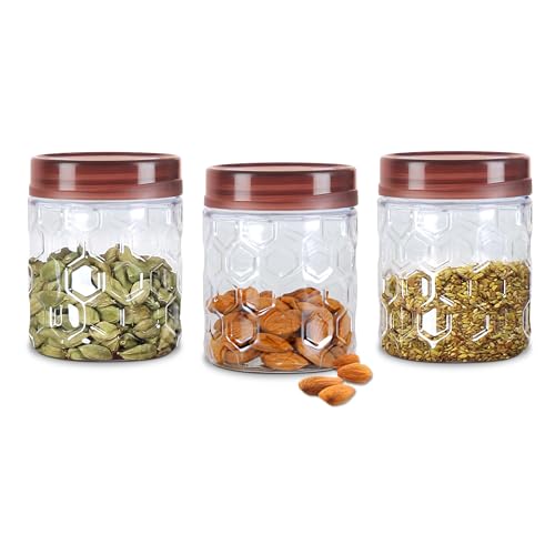 MILTON Hexa Plastic Pet Storage Jar, Set of 3, 270 ml Each, Brown | Air Tight Container | Kitchen Organiser | BPA Free