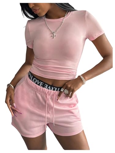 SOLY HUX Women's Summer Sweatsuits Short Sleeve Fitted Crop Top and Shorts 2 Piece Outfits Plain Pink X-Small