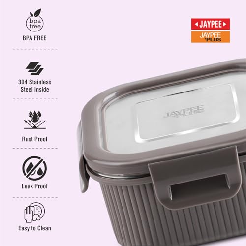 Image of Jaypee Plus Ultima Micro Seal Microwave Safe Air Tight Food Storage Container 400 ml Inner Stainless Steel Rib Design Spillproof Lunch Box for School, Office, Ideal for Snacks and Meal,Mirror Grey