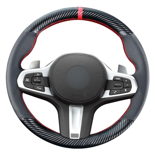 Kivnto DIY Stitching Carbon Fiber Steering Wheel Cover for BMW 3 5 Series G20 M340i G80 G82 G30 G01 X3 G02 X4 G05 X5 X6 M G07 X7 M50i 6 Series G29 Z4 M5 15 inches Leather Interior Accessories