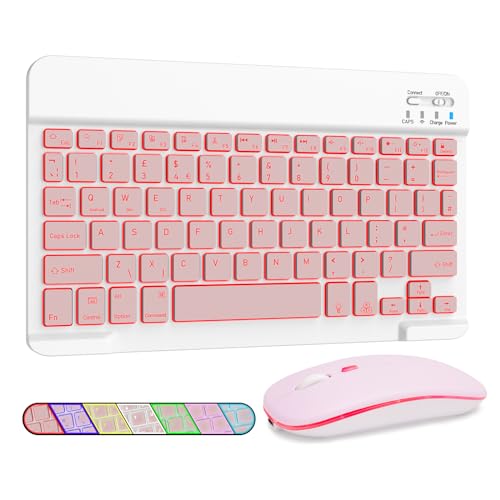 LAMA Teclado y mouse inalámbricos retroiluminados de 7 colores, recargable, ultradelgado, universal, teclado Bluetooth portátil para iPad/Tablet/iOS/Android/Windows/portátil/computadora de escritorio