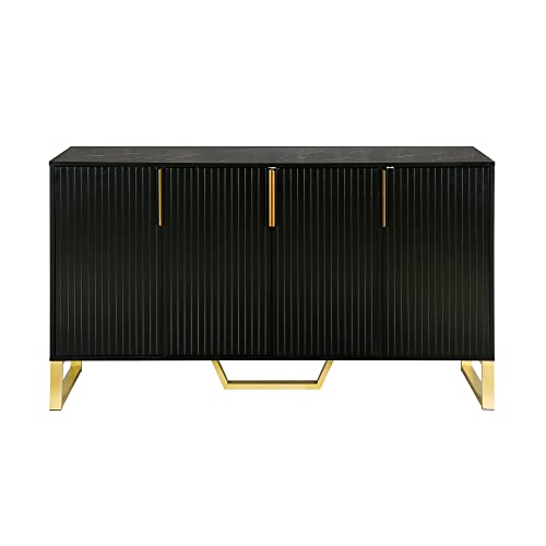 Modern Luxury Buffet Sideboard Storage Cabinet With Gold Metal Legs & Handles,4 Door Cupboard Kitchen Sideboard With Adjustable Shelves,Living Room Dining Room Entyway Console Table (Black, 4 Door) #TOP6