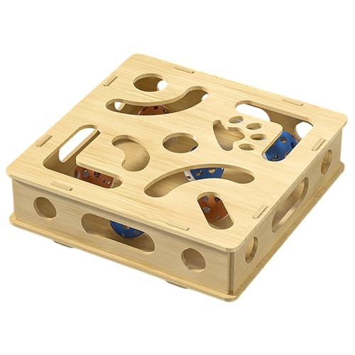 Generisch Interaktives Katzen-Intelligenzspielzeug, Holz Puzzle-Box mit Spielstab, Glockenball und Kratzfläche, Katzen-Beschäftigungsspiel mit Futterlabyrinth, Mehrschichtig (Beige-A)