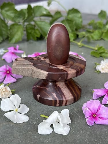 Image of Shivam VASTU AKAL 1.5 inch Original Narmadeshwar Narmada Shivling with 3 inch Narmada Stone Yoni Base Jaladhari (Ardhanarishwar Shivling, Multicolor Damru Jaladhari)