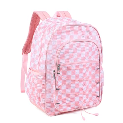 Image of COVAX Mesh Backpack for School Heavy Duty Semi-Transparent Bookbags for Beach, Swimming, Sports, Work, Travel (Pink and White Checkerboard)