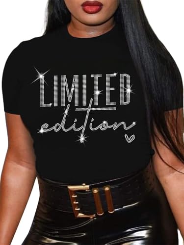 Hilinker Women's Rhinestone Tops Cute Graphic Tees Summer Loose Short Sleeve T Shirts Black Limited X-Large