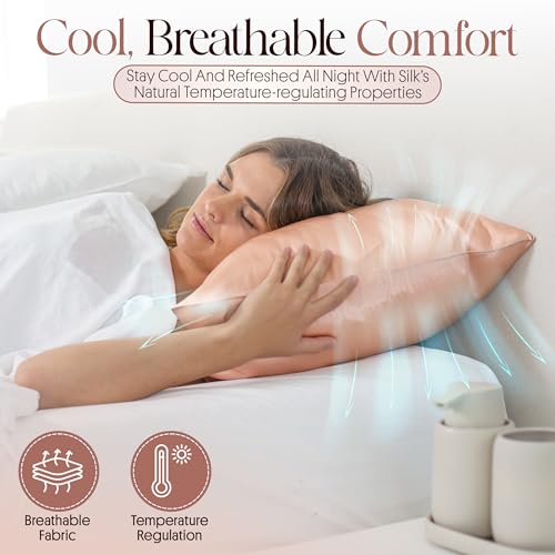 Image of 100% Mulberry Silk Pillowcase Infused with Silver Ions - Pure 22 Momme Grade 6A Fibers for Beautiful Skin and Hair - Cooling Pillow Case Protector with Zipper